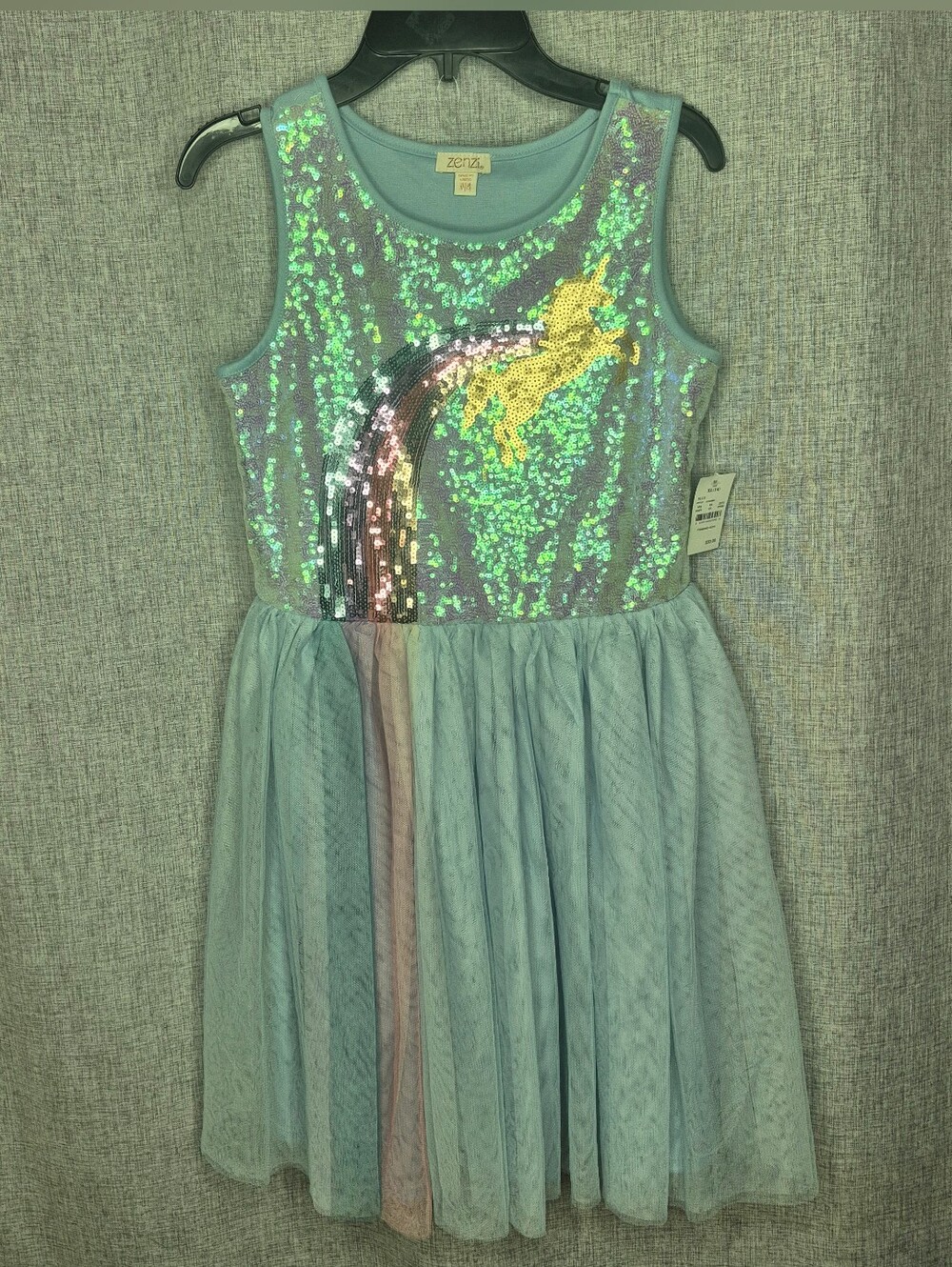 Zenzi Girls Blue Sequin Unicorn Rainbow Tulle Dress